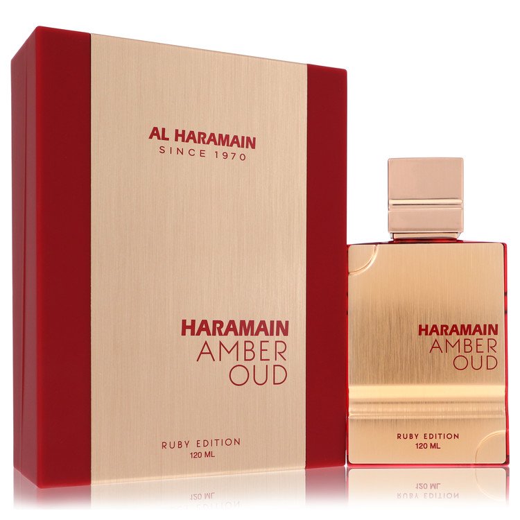 Amber-hued oud perfume bottle with gold details on a white background, 3.4 oz by The Fragrance Avenue