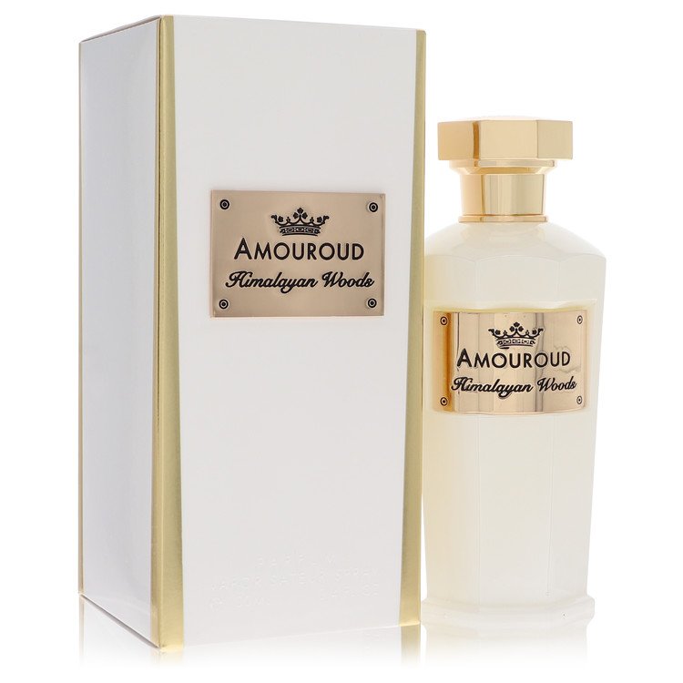 A clear glass bottle with a wooden cap and golden label, labeled "Himalayan Woods" by The Fragrance Avenue.
