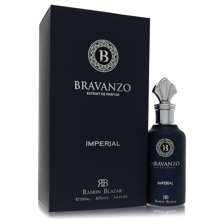 A dark glass bottle with gold lettering labeled Dumont Bravanzo Imperial by Dumont Paris on a wooden surface.