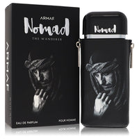 A brown leather bottle of Armaf Nomad The Wanderer Eau De Parfum Spray for Men with a minimalist label, 3.38 oz (100 ml) by T