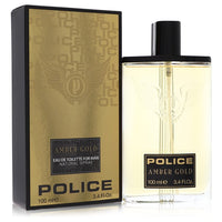 Blue glass bottle with amber gold label and black cap, 3.4 oz eau de toilette spray for men by The Fragrance Avenue.