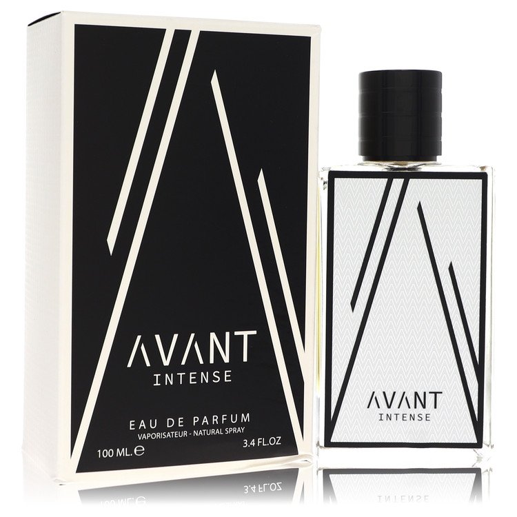 A dark blue bottle of Avant Intense Eau De Parfum Spray for Men with a sleek black cap, standing on a white surface by The Fr