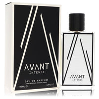 A dark blue bottle of Avant Intense Eau De Parfum Spray for Men with a sleek black cap, standing on a white surface by The Fr