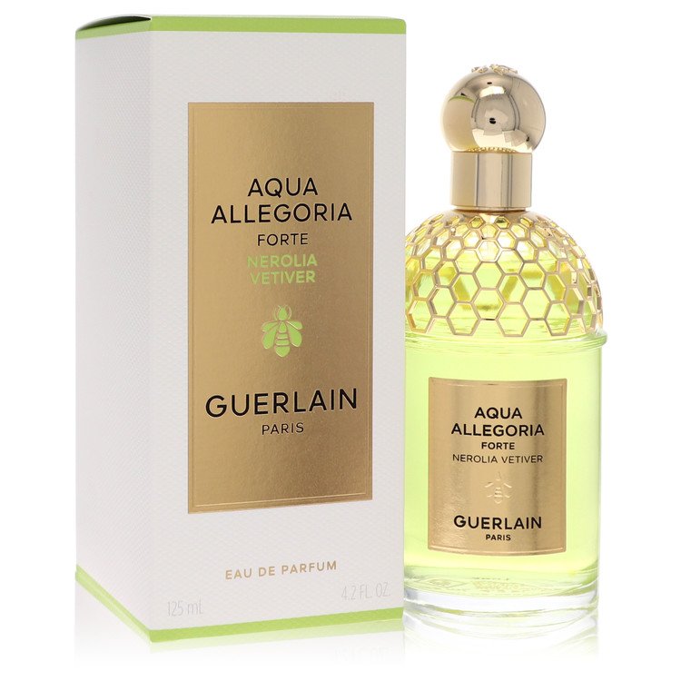 A deep blue bottle with a white label featuring a minimalist design, showcasing the Guerlain Aqua Allegoria Forte Nerolia Vet