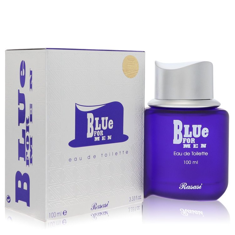 Blue glass bottle with gold accents, standing on a wooden surface, labeled Rasasi Blue Eau de Toilette Spray for Men by The F