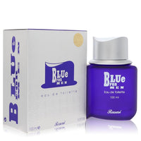 Blue glass bottle with gold accents, standing on a wooden surface, labeled Rasasi Blue Eau de Toilette Spray for Men by The F
