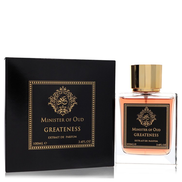 A dark glass bottle of Minister of Oud Greatness by Fragrance World Extrait de Parfum Spray 3.4 oz displayed on a wooden surf