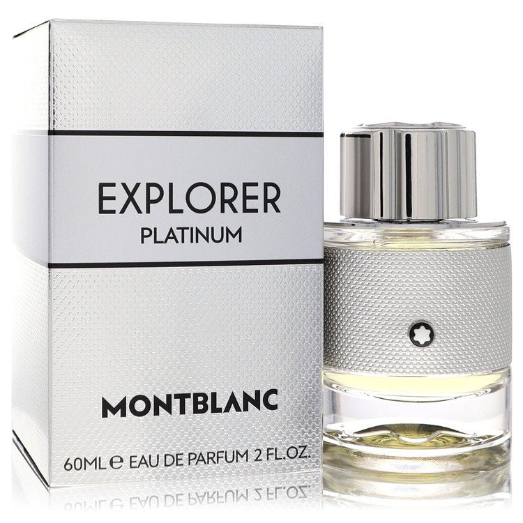 Blue glass bottle with platinum cap and black label featuring the Montblanc logo, standing on a wooden surface, 2 oz (60 ml) 