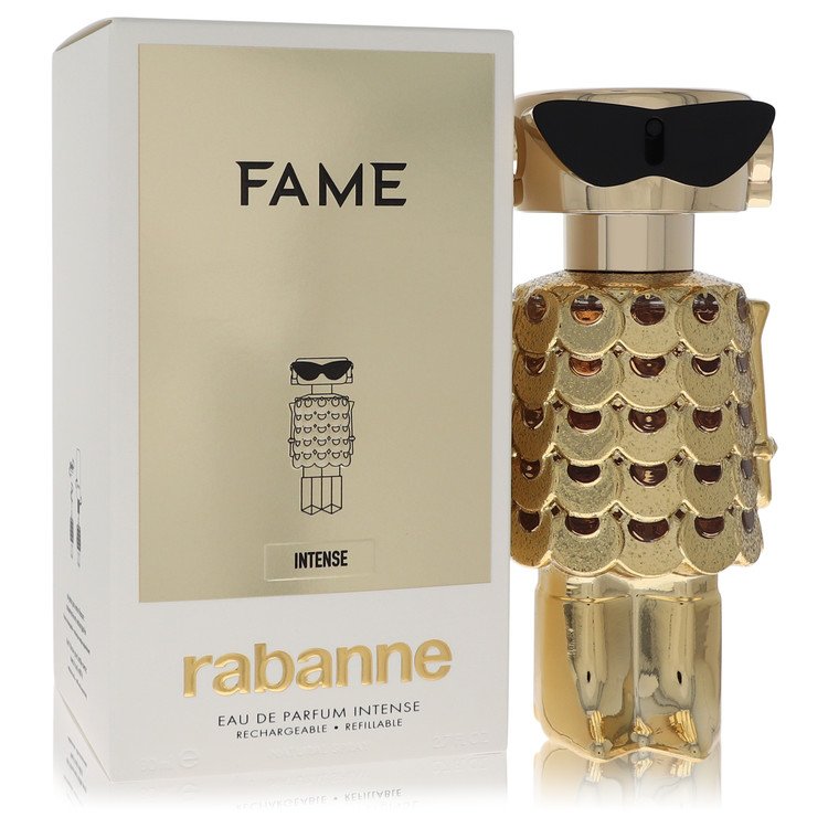 Black bottle with gold accents on a white background, featuring the Paco Rabanne Fame Intense logo, 2.7 oz eau de parfum for 
