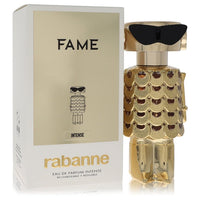 Black bottle with gold accents on a white background, featuring the Paco Rabanne Fame Intense logo, 2.7 oz eau de parfum for 