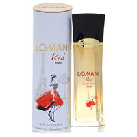 Red eau de parfum spray in glass bottle with gold cap, 3.3 oz / 100 ml, displayed on white background by The Fragrance Avenue