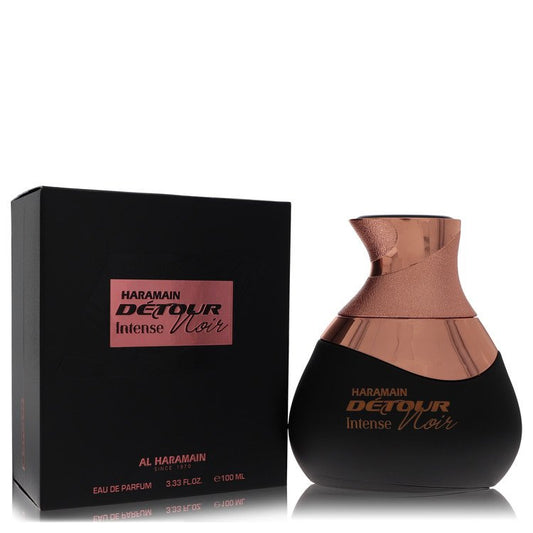 Dark blue bottle of Al Haramain Detour Noir Intense Eau De Parfum Spray 3.4 oz by The Fragrance Avenue