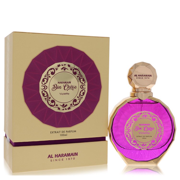 A pink glass bottle of Al Haramain Bon Cherie Violette Extrait de Parfum Spray 3.4 oz / 100 ml for Women by The Fragrance Ave