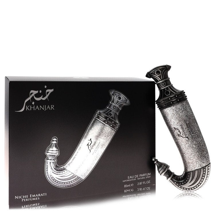 Dark blue bottle of Lattafa Niche Emarati Khanjar Eau De Parfum Spray 2.8 oz / 80 ml for Men by The Fragrance Avenue