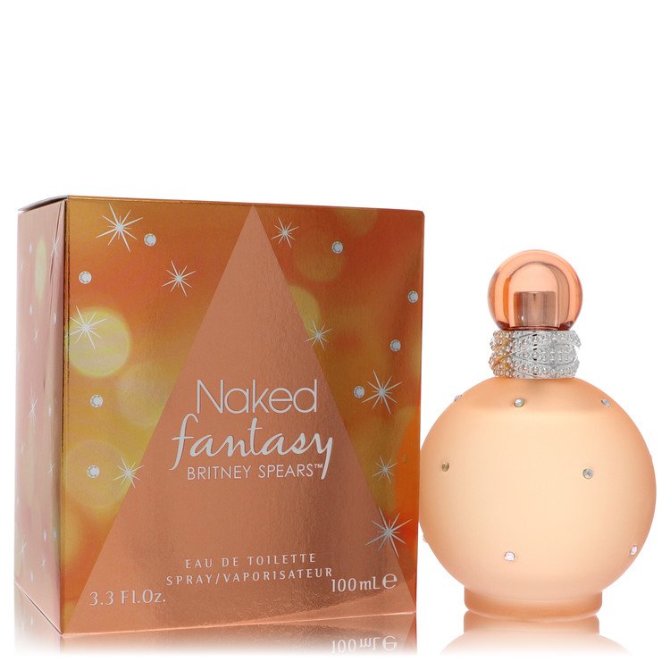 A clear glass bottle with a black and gold label featuring the text "Naked Fantasy" by The Fragrance Avenue.