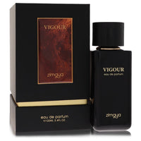 Afnan Zimaya Vigour eau de parfum spray in a sleek black bottle with gold accents, standing on a wooden surface, by The Fragr