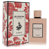 A clear glass perfume bottle with a pink blossom design, labeled Fariis Blossom Eau de Parfum Spray for Women by The Fragranc
