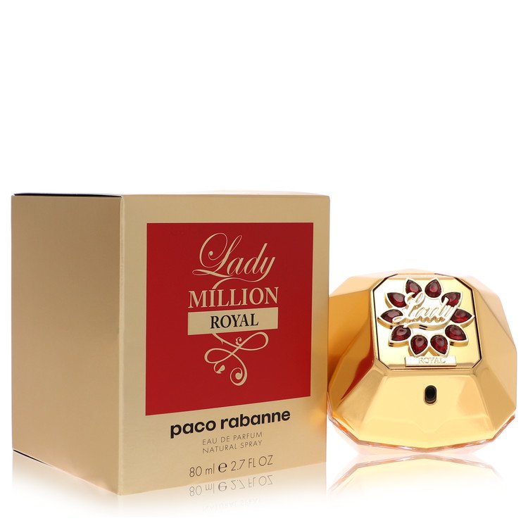 Gold bottle of Paco Rabanne Lady Million Royal Eau de Parfum Spray 2.7 oz for women on a white background by The Fragrance Av
