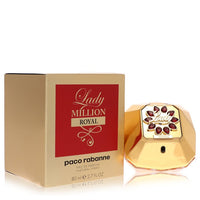 Gold bottle of Paco Rabanne Lady Million Royal Eau de Parfum Spray 2.7 oz for women on a white background by The Fragrance Av