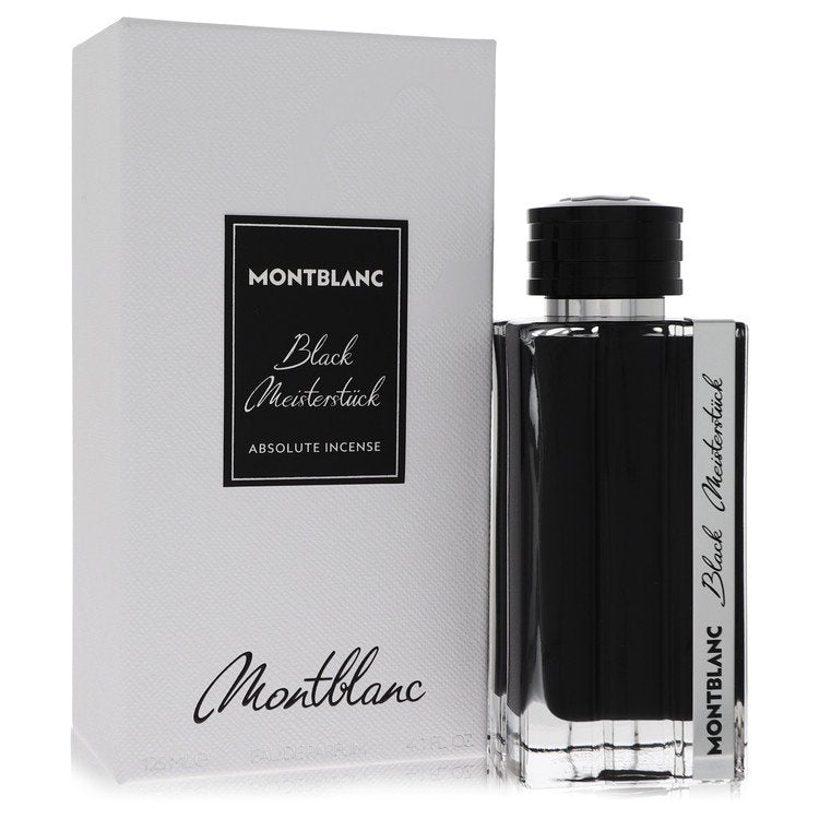 Black leather fragrance bottle with gold accents, standing on a wooden surface, labeled Montblanc Meisterstück Absolute Incen