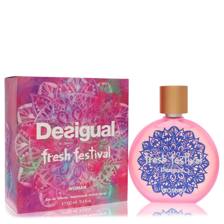 Blue glass bottle with floral pattern and gold accents, fresh festival eau de toilette spray 3.4 oz for women by The Fragranc
