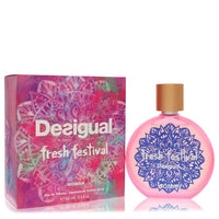 Blue glass bottle with floral pattern and gold accents, fresh festival eau de toilette spray 3.4 oz for women by The Fragranc