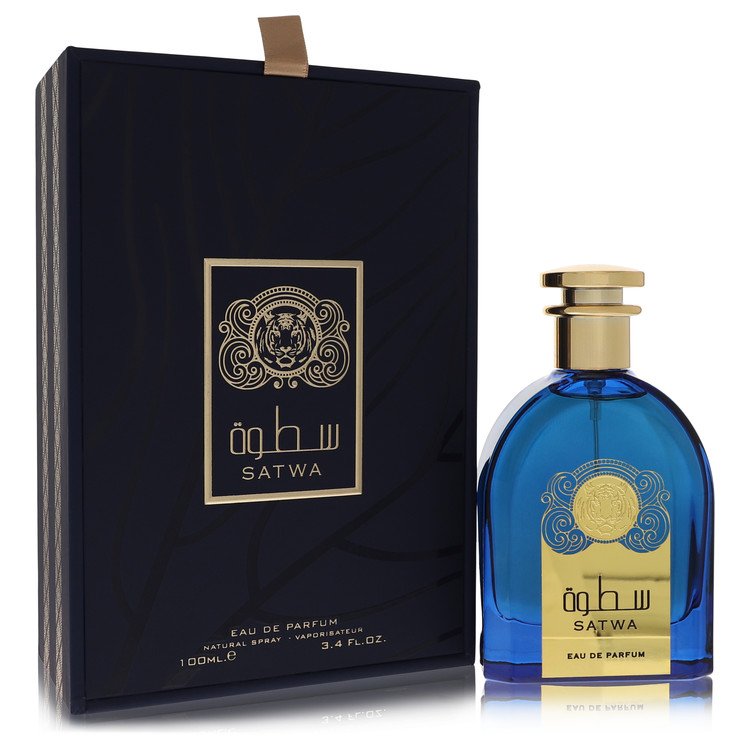 Blue glass bottle with gold accents, unisex eau de parfum spray 3.4 oz by The Fragrance Avenue.