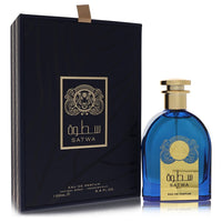 Blue glass bottle with gold accents, unisex eau de parfum spray 3.4 oz by The Fragrance Avenue.