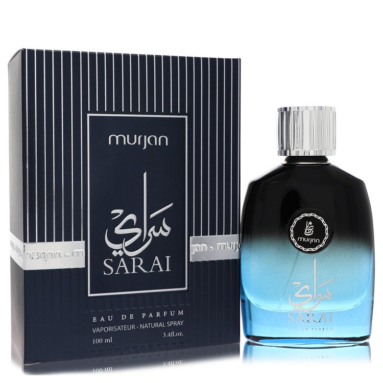 A clear glass bottle with a gold cap and black label, labeled "Dumont Murjan Sarai" by Dumont Paris, standing on a wooden sur