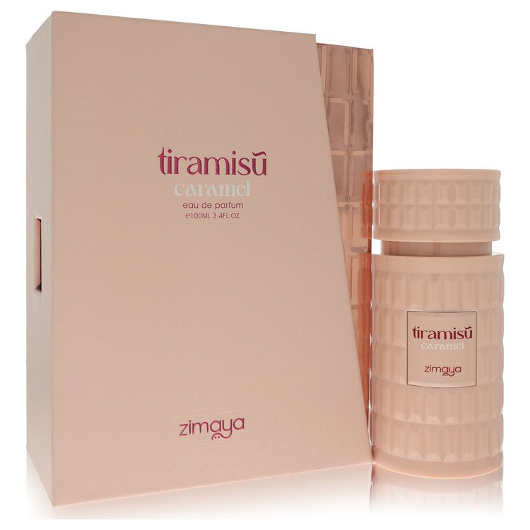 Afnan Zimaya Tiramisu Caramel Eau De Parfum Spray in gold bottle with white label, 3.4 oz by The Fragrance Avenue.
