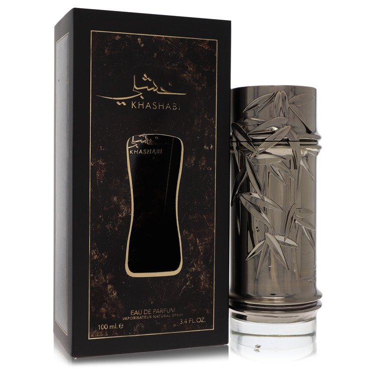 Lattafa Khashabi unisex eau de parfum spray in glass bottle with gold label on white background by The Fragrance Avenue.