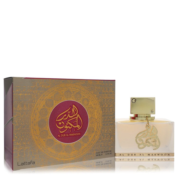 Gold bottle of Lattafa Al Dur Al Maknoon Eau de Parfum Spray 3.4 oz for men by The Fragrance Avenue
