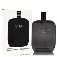 A dark blue bottle of Fragrance One Office Eau De Parfum Spray for Men on a wooden desk, 3.4 oz / 100 ml by The Fragrance Ave