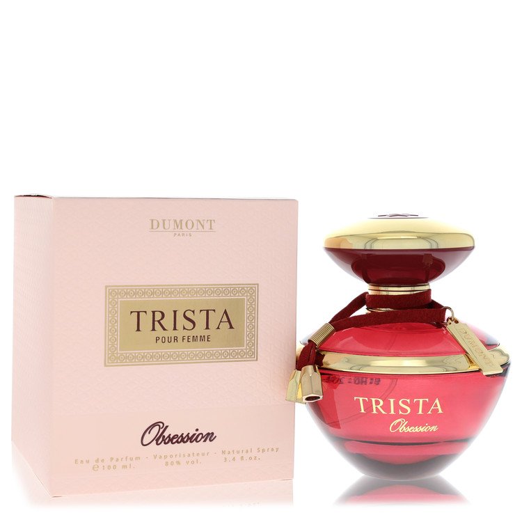 A clear glass perfume bottle with a gold cap and elegant design, labeled "Trista Obsession" by The Fragrance Avenue.
