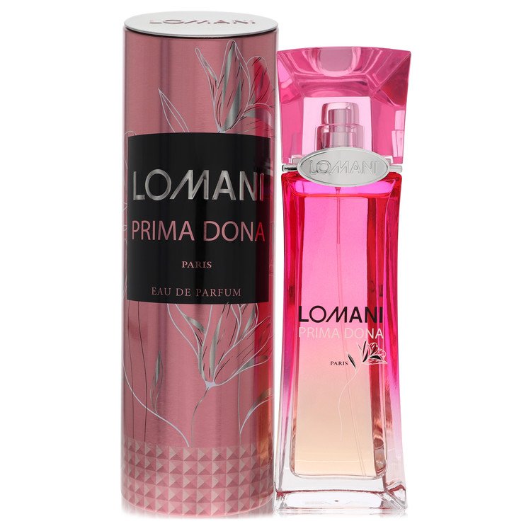 A clear glass bottle with gold accents containing a pink fragrance, labeled Lomani Prima Dona Eau De Parfum Spray 3.4 oz / 10