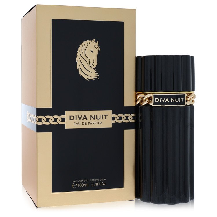 Dumont Diva Nuit Eau De Parfum Spray 3.4 oz in elegant glass bottle with gold cap on white background by The Fragrance Avenue