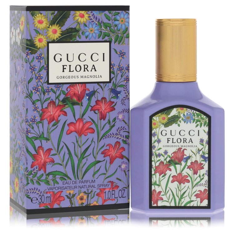 Gucci Flora Gorgeous Magnolia perfume bottle with floral design on white background by The Fragrance Avenue.