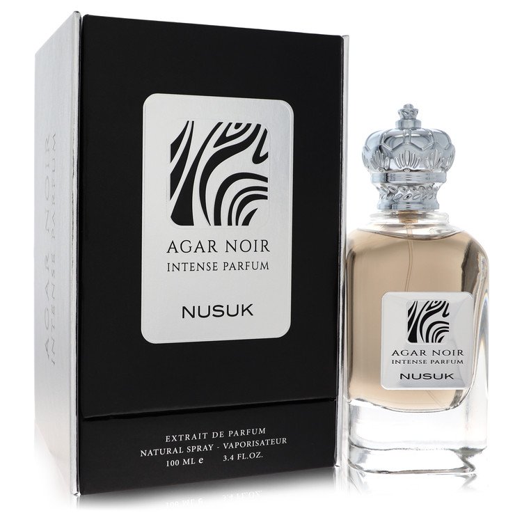 Black glass bottle with gold label featuring a minimalist design by Nusuk Extrait De Parfum Spray 3.4 oz by The Fragrance Ave
