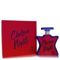 A clear glass bottle with a black cap and gold label labeled "Chelsea Nights" by The Fragrance Avenue.