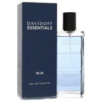 Blue glass bottle with white label featuring the Davidoff Essentials logo, 3.7 oz eau de toilette for men by The Fragrance Av