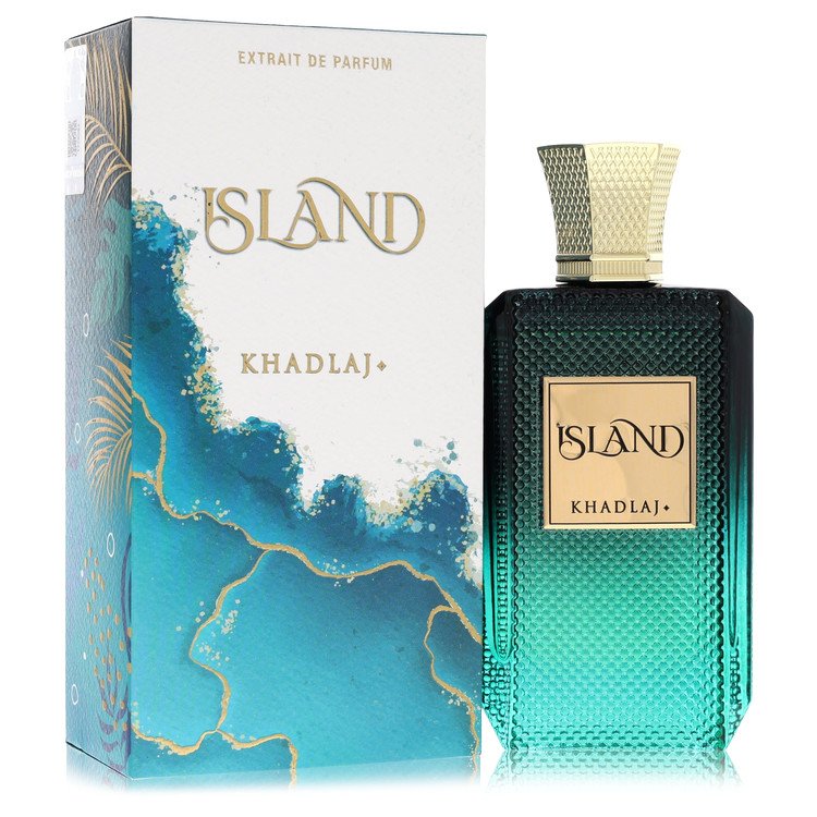A clear glass perfume bottle with gold accents and a black cap, labeled Khadlaj Extrait De Parfum Spray 3.4 oz / 100 ml for W