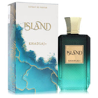 A clear glass perfume bottle with gold accents and a black cap, labeled Khadlaj Extrait De Parfum Spray 3.4 oz / 100 ml for W