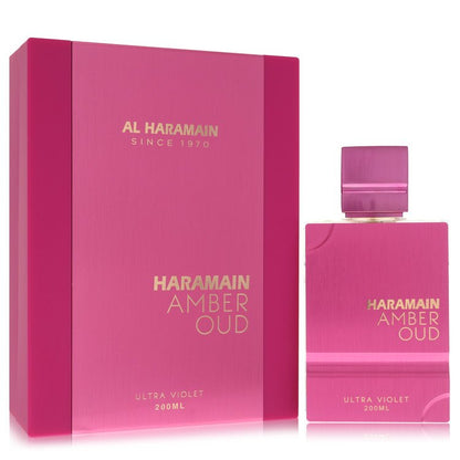 Amber-hued oud perfume bottle with violet accents on a white background, 3.4oz/100ml eau de parfum for women by The Fragrance