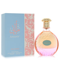 A clear glass bottle with gold cap and elegant label, standing on a white background, labeled Ajyad Amany Eau De Parfum Spray