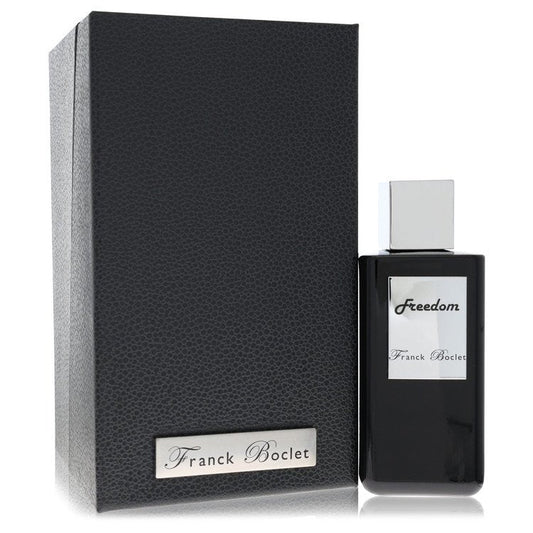 A clear glass perfume bottle with a black cap and gold accents, labeled "Freedom" by The Fragrance Avenue.