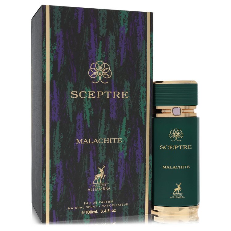 A clear glass perfume bottle with a green malachite cap and gold accents, displayed on a white background, by The Fragrance A