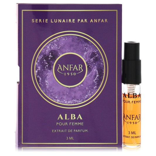 Anfar Alba sample in clear glass bottle with gold cap, displayed on a white background by The Fragrance Avenue.