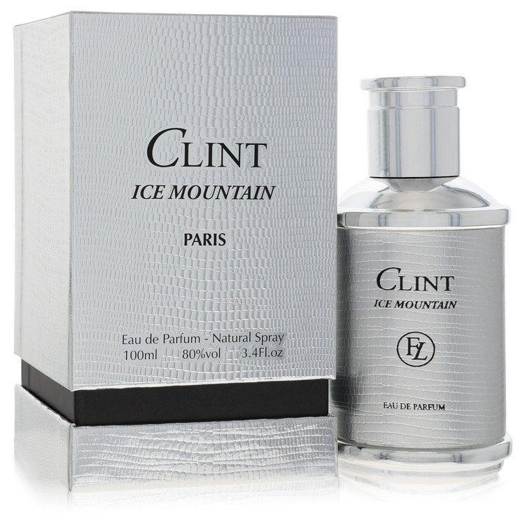 A blue glass bottle of L'Orientale Clint Ice Mountain Eau de Parfum Spray for Men on a wooden surface by The Fragrance Avenue