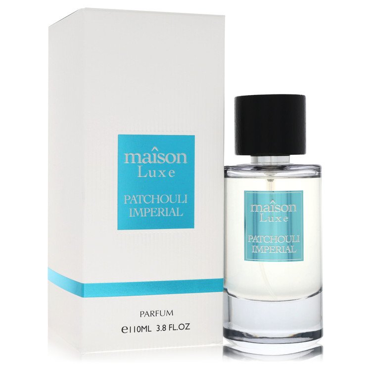 Dark glass perfume bottle with gold label, patchouli imperial fragrance for men, 3.8 oz by The Fragrance Avenue.