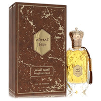 A dark glass bottle with gold accents and a black cap, labeled Armaf Eter Magical Oud Eau De Parfum Spray 3.4 oz / 100 ml for
